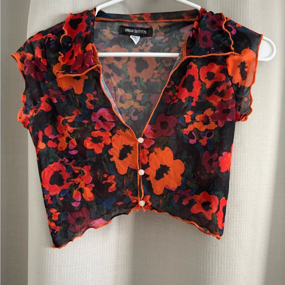 Urban Outfitters Floral Black and Orange Ruffled Crop Blouse